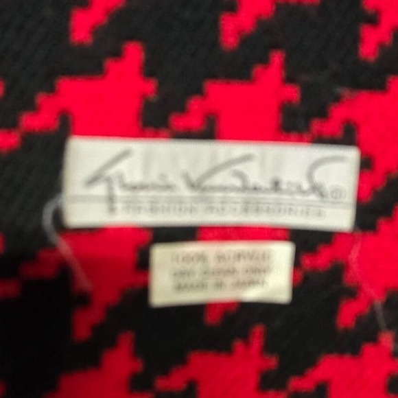 Vintage Houndstooth Throw Blanket Red Black Wool Fringe Scarf Shawl - Picture 3 of 5